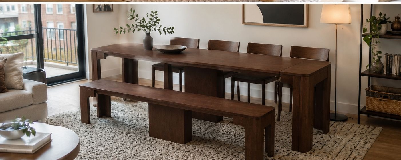 Dining room styled with the EXTENDR table in Dark Oak finish