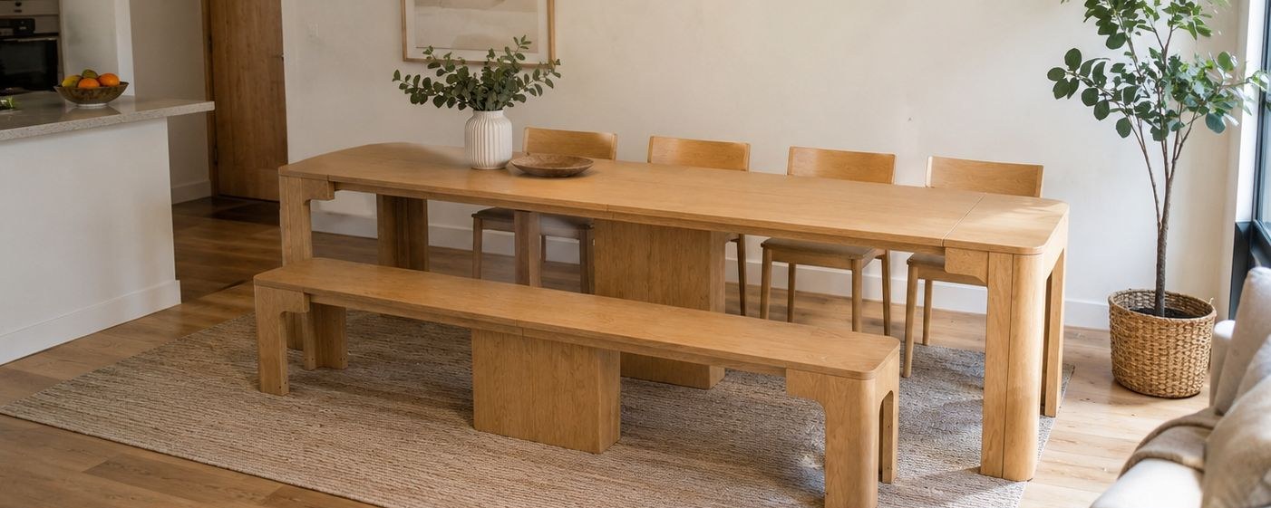 Dining room styled with the EXTENDR table in Natural Oak finish